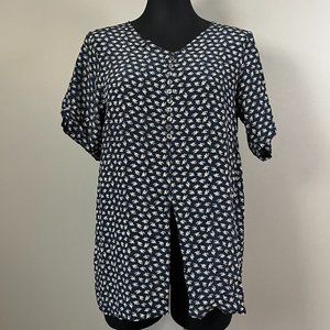 Navy blue vintage floral silk top